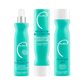 Malibu C Leave-In Conditioner Mist With Thermal And Uv Protection (9 Oz) + Miracle Repair Hair Reconstructor For Damaged Strands (9 Oz) + Un-Do-Goo Clarifying Shampoo To Remove Product Buildup (9 Oz)