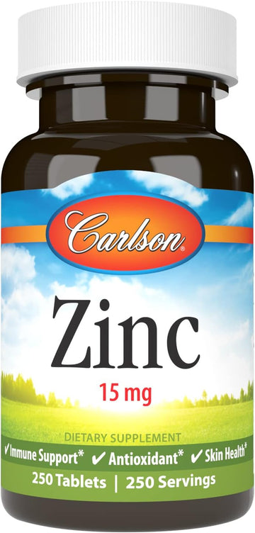 Carlson - Zinc, 15 mg, Zinc Supplement, Zinc Gluconate, Immune Support & Skin Health, Zinc Tablets, Antioxidant, Zinc Capsules, 250 Tablets