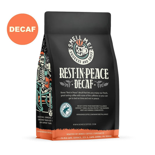 Bones Coffee Company Rest in Peace Decaf Whole Coffee Beans | 12 oz Medium Roast Arabica Low Acid Coffee | Gourmet Coffee Gifts & Beverages (Whole Bean)