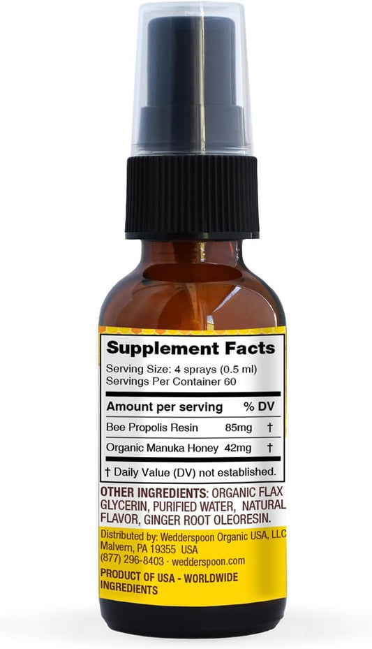 Wedderspoon Propolis And Manuka Honey Throat Spray, Lemon & Ginger, 1 Fl Oz (Pack Of 1), Sore Throat Relief, Natural Immune Support