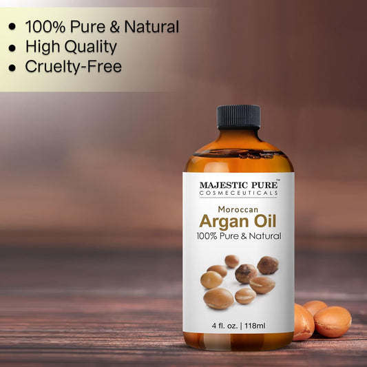 MAJESTIC PURE Moroccan Argan Oil for Hair, Face, Nails, Beard & Cuticles - for Men and Women - Pure & Natural, 4 Fl Oz