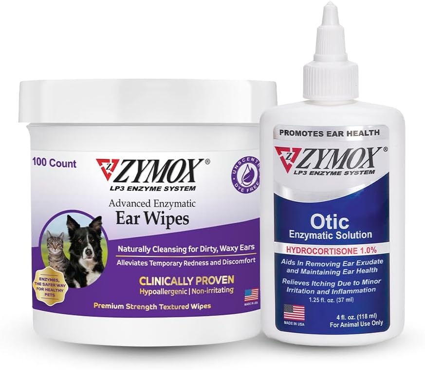 Zymox Enzymatic Ear Wipes And Otic Ear Solution For Dogs And Cats - Product Bundle - For Dirty, Waxy, Smelly Ears And To Soothe Ear Infections, 100 Count Wipes And 4Oz Bottle