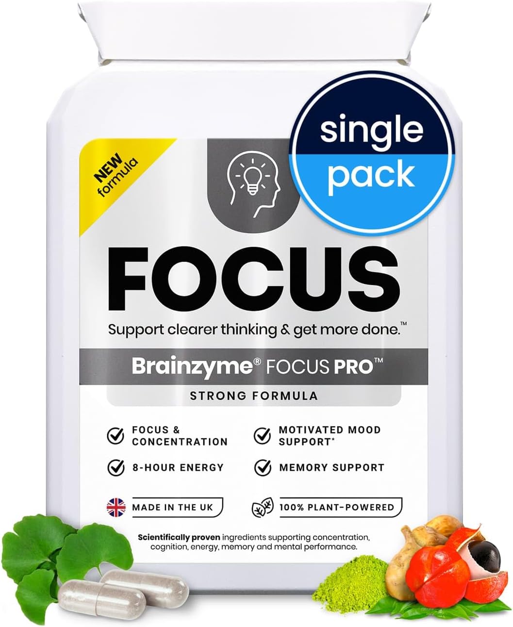 Brainzyme® Focus Pro [Single Pack] Nootropic Cognitive Enhancer. Clear Brain Fog. Alpha Brain. Strong Focus, Energy, Motivation & Memory. Tyrosine, Choline. 8 Hour Energy Boost