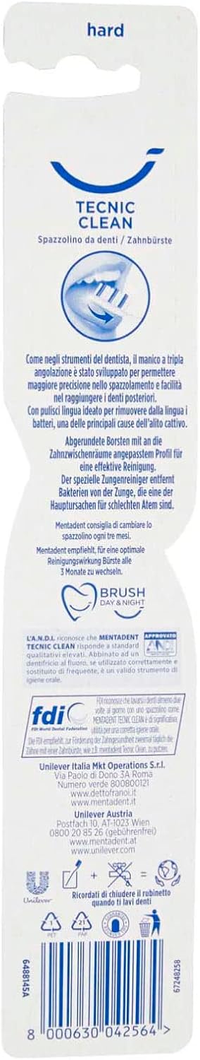 4x Mentadent Tecnic Clean Toothbrush with Hard Bristles and Tongue Cleaner - 4 Toothbrushes