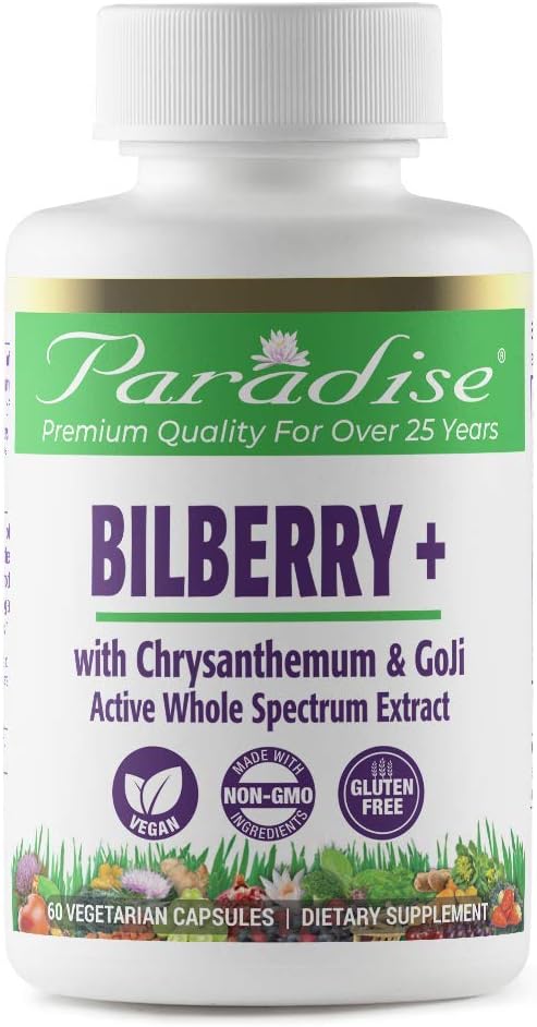 Paradise Herbs Bilberry With Goji & Chrysanthemum Supplements, Super Potent, Ultra Pure, Non Gmo, Gluten Free, Vegan, 60 Vegetarian Capsules