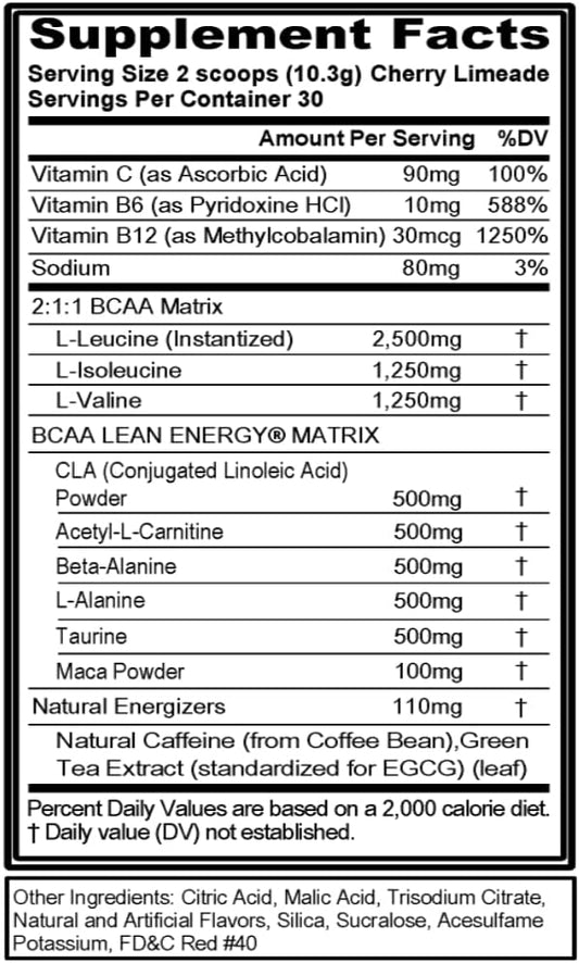 EVL BCAA Lean Energy Powder - Pre Workout Green Tea Fat Burner Support with BCAAs Amino Acids and Clean Energizers - BCAA Powder Post Workout Recovery Drink for Lean Muscle Recovery - Cherry Limeade