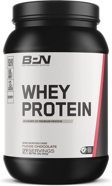 Bare Performance Nutrition, Bpn Whey Protein + Casein Protein Powder Blend, Fudge Chocolate, 25G Protein Per Serving Supports Lean Muscle Recovery, 27 Servings, Third Party Tested