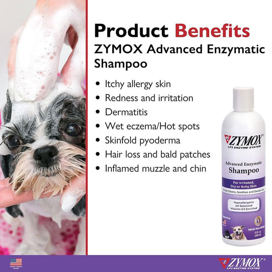 Zymox Advanced Enzymatic Shampoo, 12 Oz - For Pets & Animals Of All Ages: Cleans, Refreshes, Hydrates & Nourishes Dry Skin & Coat