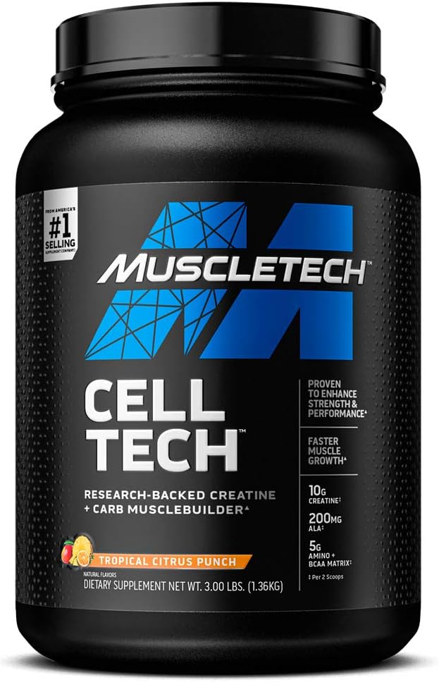 Creatine Monohydrate Powder Muscletech Cell-Tech Creatine Powder Post Workout Recovery Drink Muscle Builder For Men & Women Musclebuilding Supplements Tropical Citrus Punch, 3 Lbs (27 Serv)