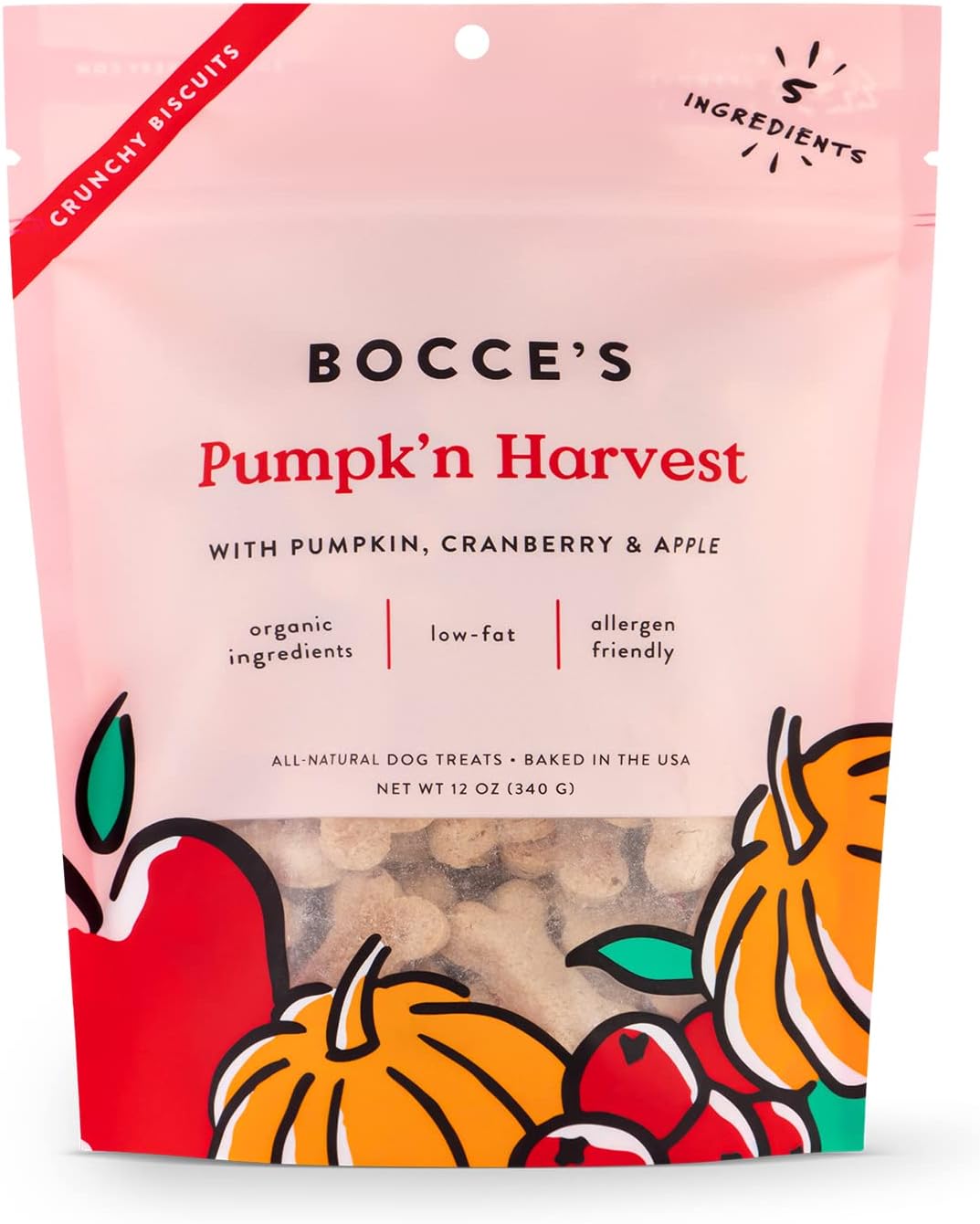 Bocce'S Bakery All-Natural, Small Batch, Organic Dog Treats, Pumpk'N Harvest Biscuits, Wheat-Free, Limited-Ingredient, Made In The Usa With 100% Recyclable Packaging, 12 Oz Bag (Dg-Bc-Pkh)