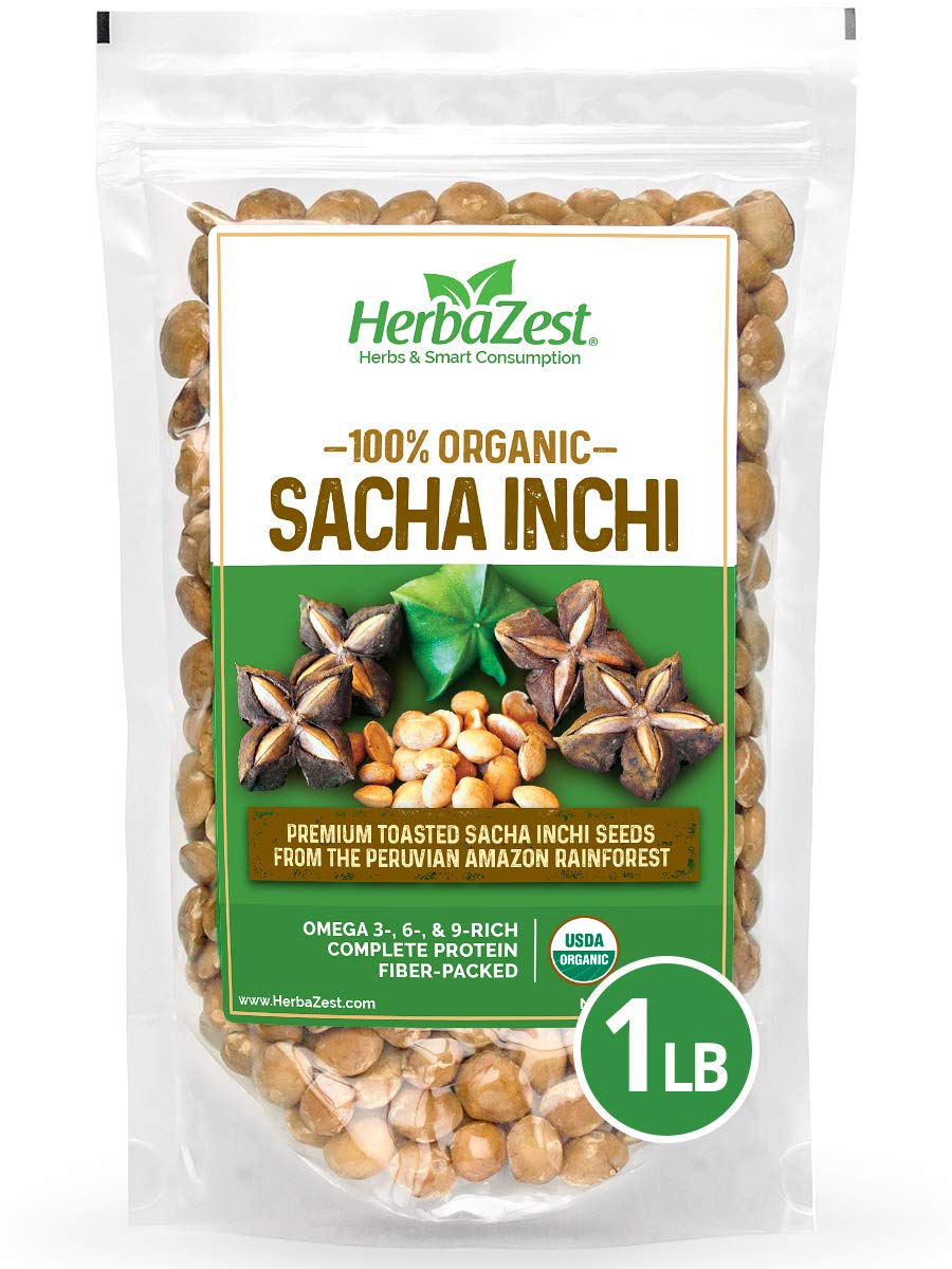 HerbaZest Sacha Inchi Seeds Organic -1 LB - USDA Certified, Vegan & Gluten Free Superfood - Perfect for Snacks, Baked & Non-Baked Goods