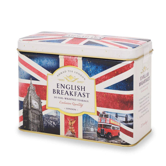 Ahmad Tea Black Tea, Nostalgic Britain Metal Caddy, English Breakfast Tea, 20 Foil Teabags - Caffeinated & Sugar-Free