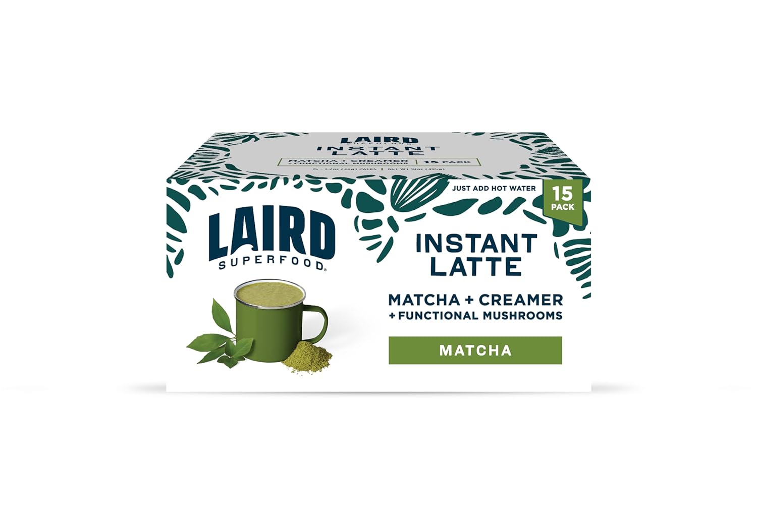 Laird Superfood Instant Latte Matcha, Non-Dairy, Superfood Creamer, Gluten Free, Non-Gmo, Vegan, 15Pk Sachets