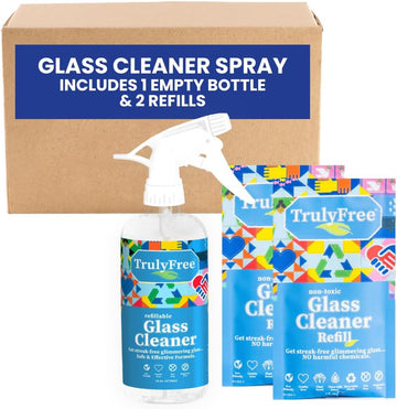 Truly Free Natural Glass Cleaner Spray- Removes Dirt & Debris For Sparkling Clean Windows & Glass Surfaces At Home, Office & Garage, Includes: 1 Refillable Empty Bottle (16Oz) & 2 Refills (3Oz Ea)