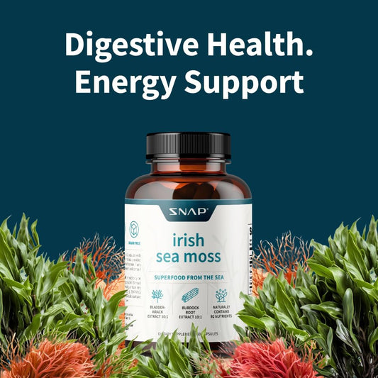 Irish Sea Moss Capsules W/Bladderwrack, Burdock Root & Iodine Energy Support - Seamoss Supplement To Elevate Mood, Strengthen Immunity & Digestion, Renew Skin Tone - Seamoss Pills (60 Capsules)