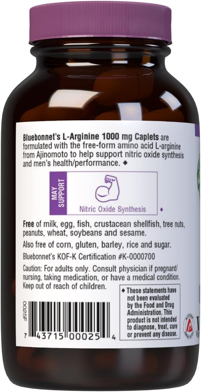 Bluebonnet Nutrition L-Arginine 1000Mg, Free-Form Amino Acid, Nitric Oxide Precursor, Gluten-Free, Non-Gmo, Kosher Certified, Vegan, 50 Caplets, 50 Servings