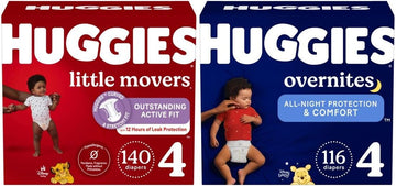 Huggies Little Movers + Overnites Bundle: Huggies Little Movers Baby Diapers, Size 4 (22-37 Lbs), 140Ct (2 Packs Of 70) & Huggies Overnites Overnight Diapers, Size 4 (22-37 Lbs), 116Ct (2 Packs Of 58)