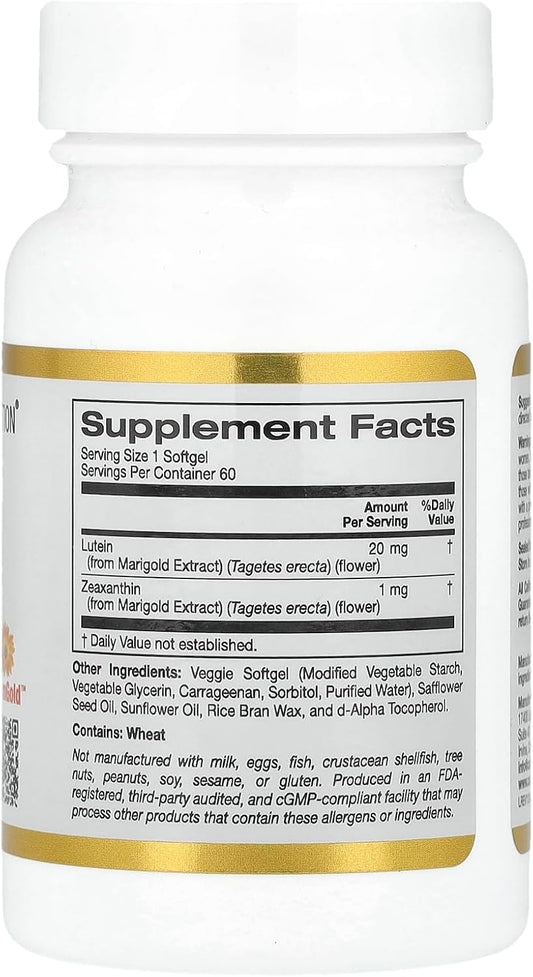California Gold Nutrition Lutein With Zeaxanthin From Marigold Extract, 20 Mg, 60 Veggie Softgels