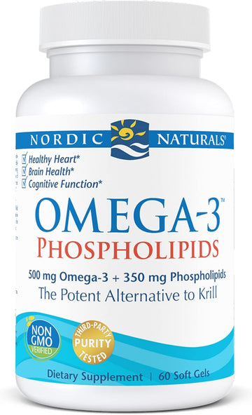 Nordic Naturals Omega-3 Phospholipids, Unflavored - 60 Soft Gels - 500 mg Omega-3 & 350 mg Phospholipids - Heart & Brain Health - Small, Easy-to-Swallow Soft Gels - Non-GMO - 30 Servings