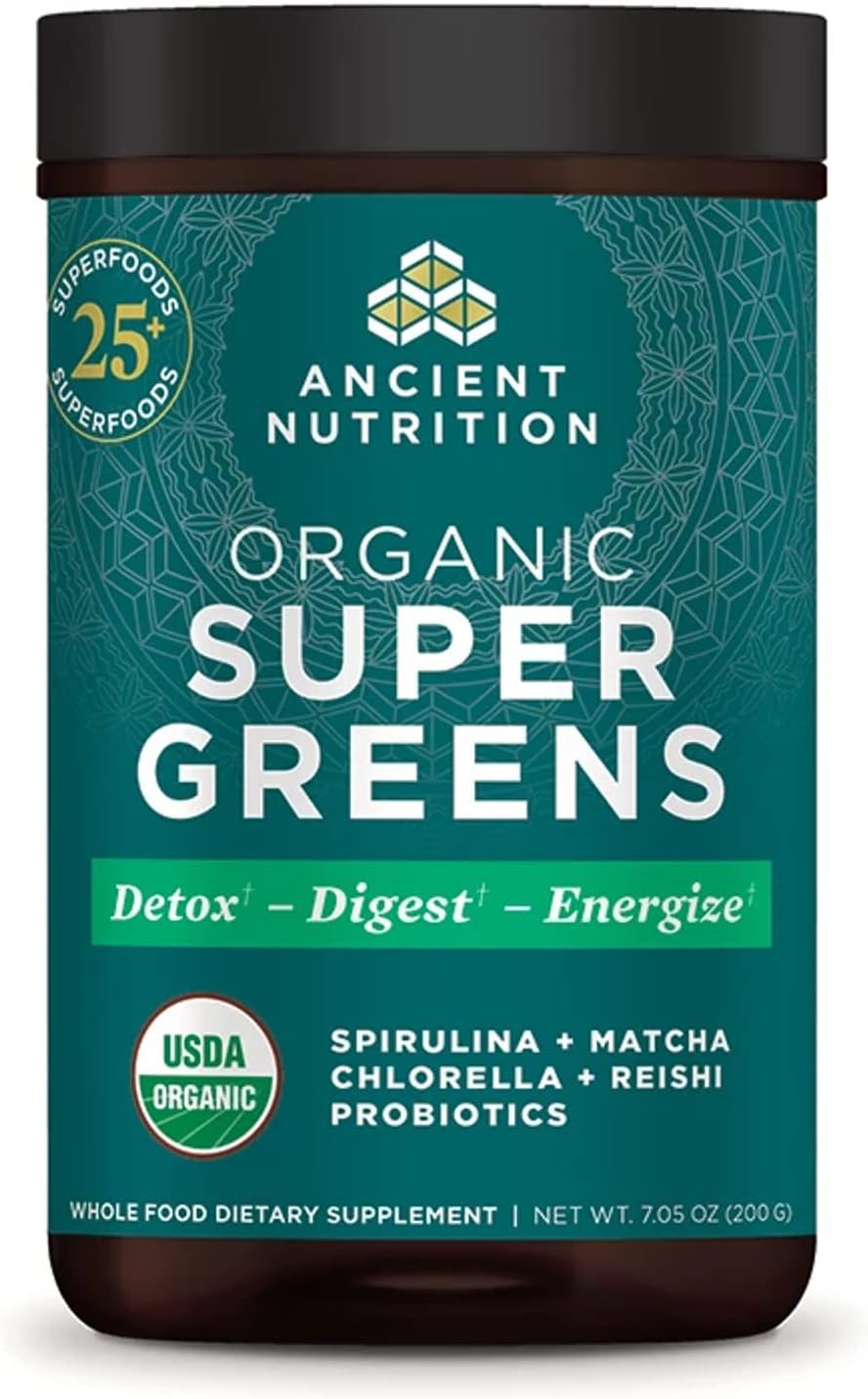 Super Greens Powder By Ancient Nutrition, Organic Superfood Powder With Probiotics Made With Spirulina, Chlorella, Matcha, And Digestive Enzymes, 25 Servings, 7.5Oz