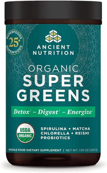 Ancient Nutrition Super Greens Powder, Organic Superfood Powder With Probiotics Made With Spirulina, Chlorella, Matcha, And Digestive Enzymes, 25 Servings, 7.05Oz