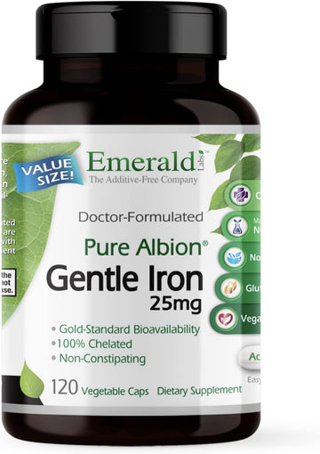 Emerald Labs Gentle Iron 25mg - Ferrous Bisglycinate Chelate - Chelated Iron Supplement That Supports Energy, Eye, Immune & Heart Health - 120 Vegetable Capsules (120-Day Supply)