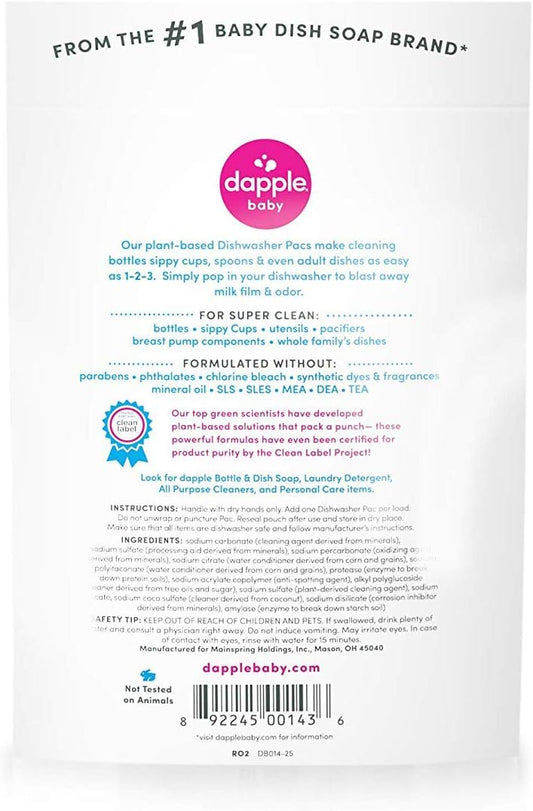 DAPPLE Baby Dishwasher Pacs, Fragrance Free Dishwasher Pods, Plant Based, Hypoallergenic, 25 Count