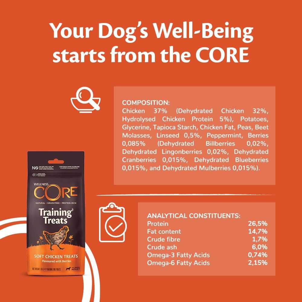 Wellness CORE Training Treats Chicken & Berries, Soft Grain Free Dog Treats, Perfect Dog Training Treats, 170g :Pet Supplies