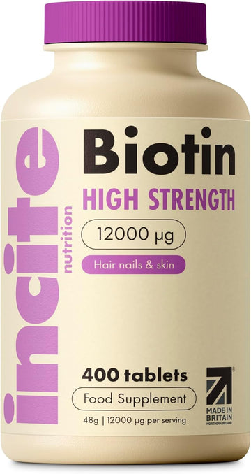 Incite Nutrition Biotin Hair Growth Support Supplement 12,000Mcg - 400 Tiny 6Mm Tablets (Full Year Plus Supply) - For Men & Women