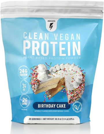 InnoSupps Clean Vegan Protein - Plant Based, Vegan, No Artificial Sweeteners, No Gluten, No Dairy. Lactose Free, Low Carbs, Low Fat, No Sugar Added, Soy Free, Non-GMO (Birthday Cake) : Health & Household