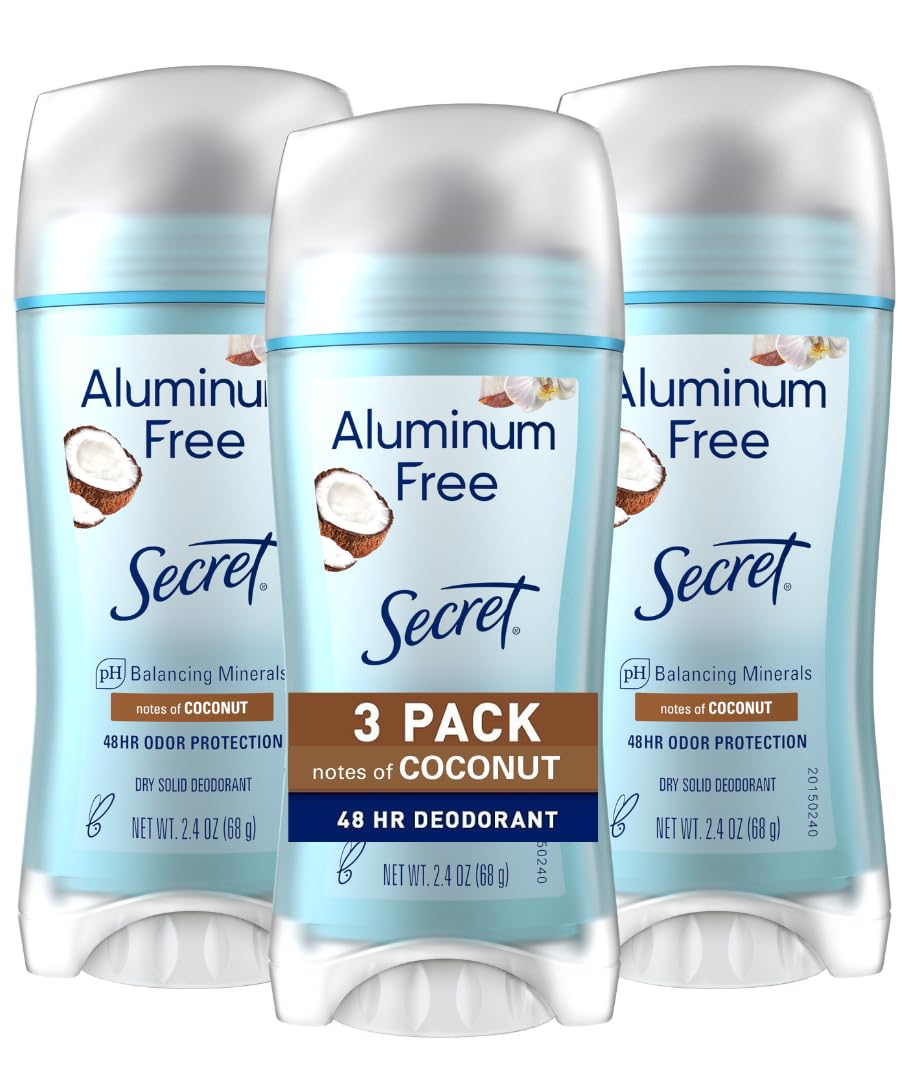 Secret Aluminum Free Deodorant For Women, 48Hr Odor Protection, Free Of Parabens Dyes Talc & Baking Soda, Coconut Scent, 2.4 Oz (Pack Of 3)