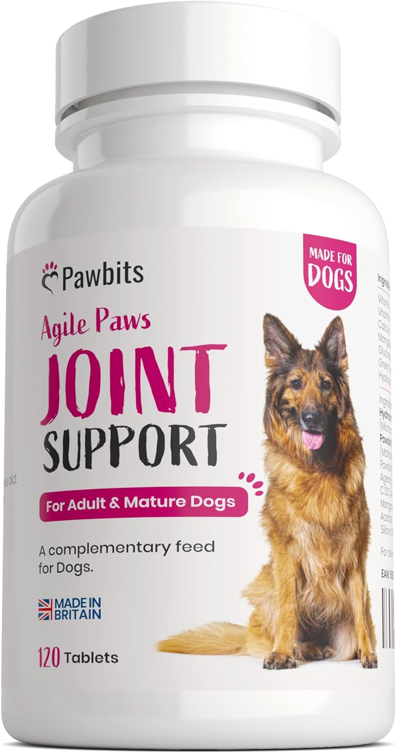 Pawbits 120 Adult Senior Dog Hip & Joint Supplements for Older Mature Dogs. High Strength Green Lipped Mussel Supplement for Elderly Dogs with Stiff Joints - Glucosamine, Vitamin C & E