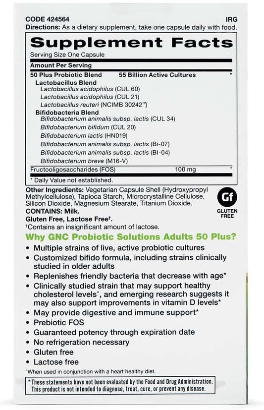 Gnc Probiotic Solutions Adults, Customized Vegetarian Formula For Adults 50+, Supports Digestive And Immune Health, 30 Capsules