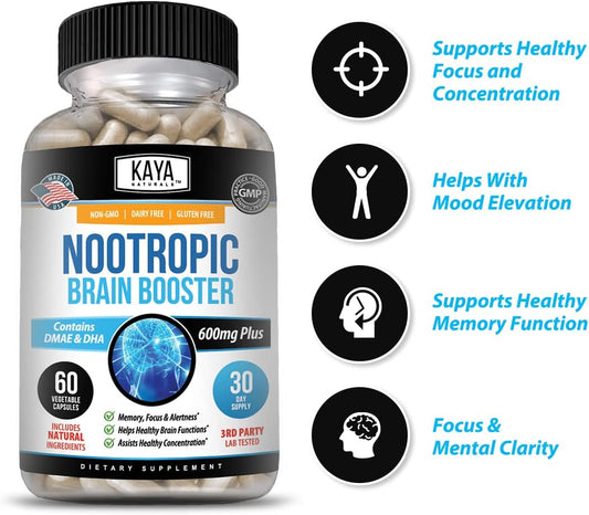 Kaya Naturals - Nootropic Brain Booster - For Memory & Focus - Brain Support Supplement - Focus & Concentration & Learning Accuracy - Cognitive Function - 60 Count