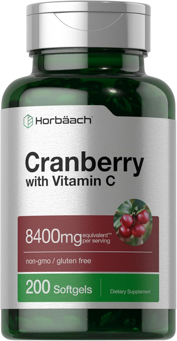 Horbäach Cranberry Pills With Vitamin C | 8400Mg | 200 Softgels | Concentrate Extract Supplement | Non-Gmo, Gluten Free