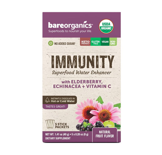 BareOrganics Immunity Superfood Water Enhancers, Organic Immunity Booster, 5 Sticks