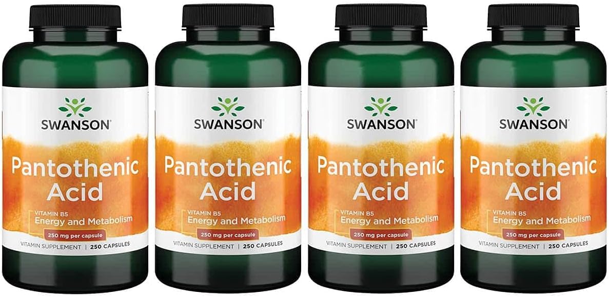 Swanson Pantothenic Acid (Vitamin B-5) Energy Metabolism Nerve Function Support 250 Mg 250 Capsules (Caps) (4 Pack)