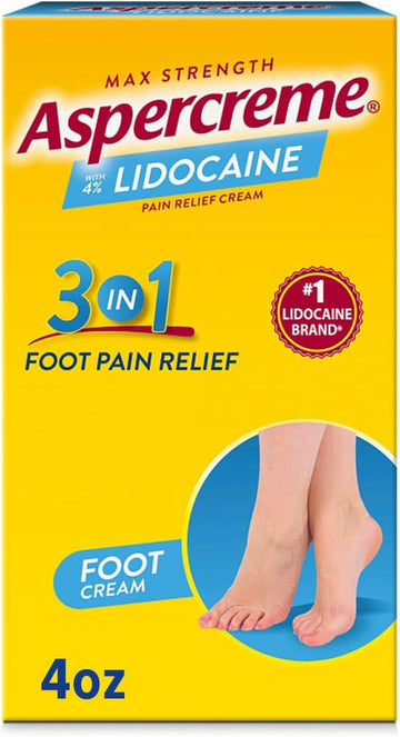 Aspercreme Lidocaine Foot Pain Relief Cream Soothes Aggravated Nerves & Moisturizes Dry Feet, Numbing Topical Analgesic With Max-Strength Lidocaine & Moisturizing Aloe, 4 Oz
