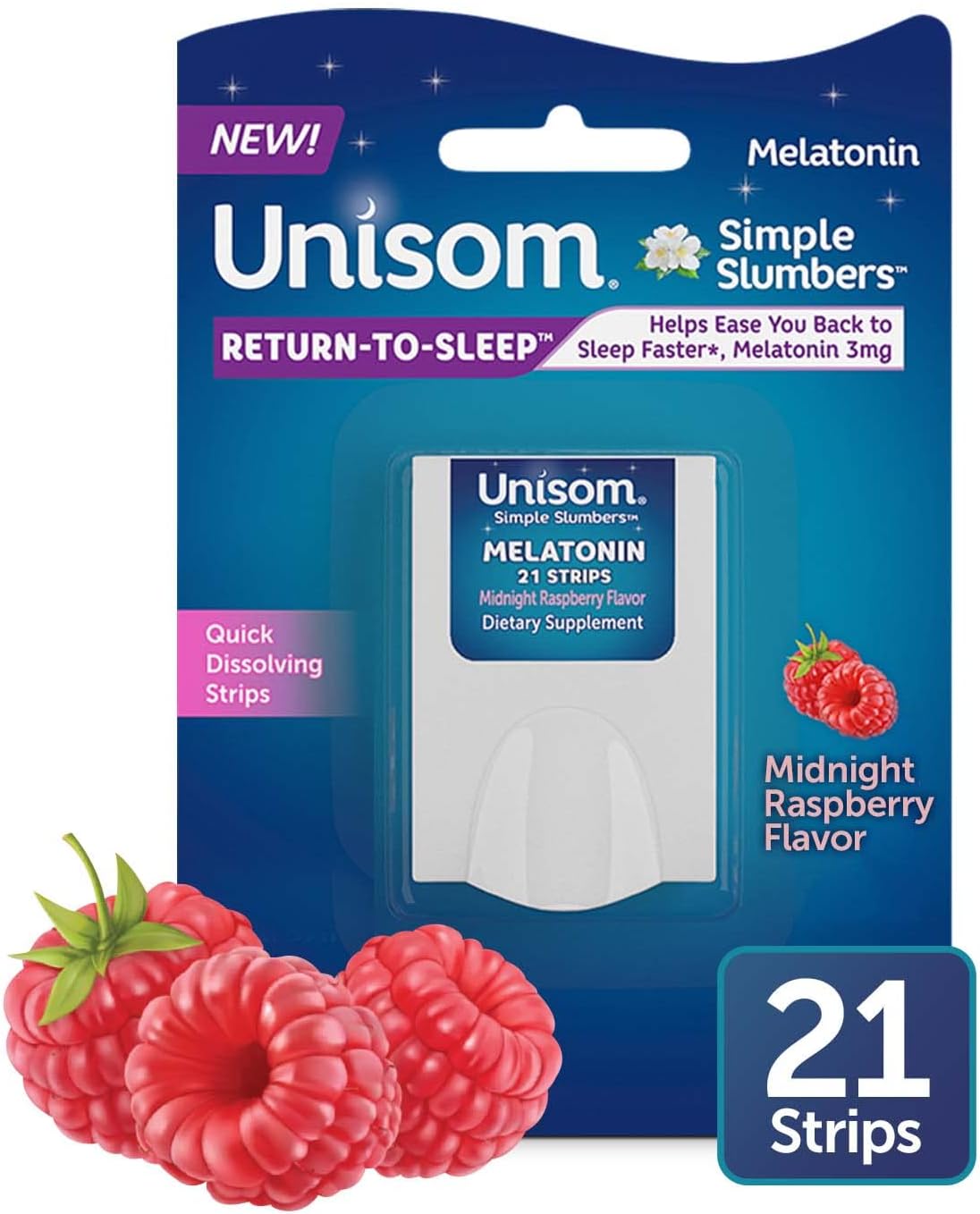 Sanofi Unisom Simple Slumbers Return-to-Sleep Dissolving Strips 21-Count, Melatonin 3mg, Midnight Raspberry