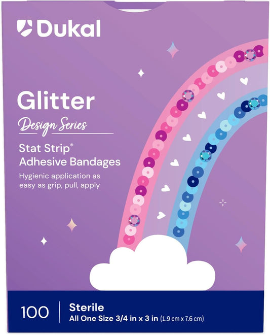 Dukal Design Series Glitter Adhesive Bandages With Stat Strip Technology, 3/4" X 3" (Box Of 100)