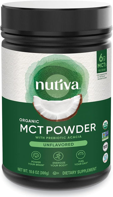 Nutiva Organic Mct Powder With Prebiotic Acacia Fiber, Classic, 10.6 Oz, Usda Organic, Non-Gmo, Non-Bpa, Vegan, Gluten-Free, Keto & Paleo, Instant Beverage Or Boost To Coffee & Smoothies