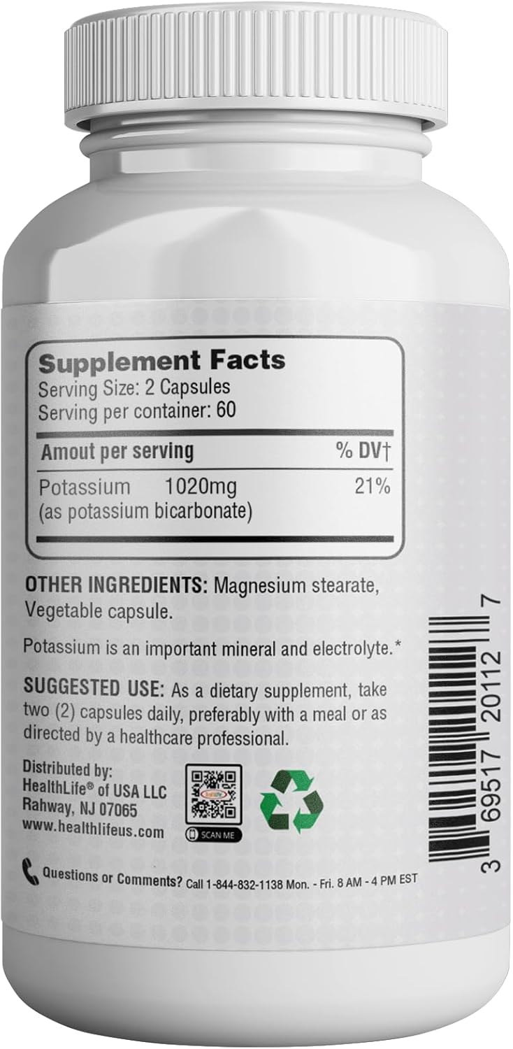 Healthlife Potassium Supplement, 1020 Mg,60 Servings, 120 Caps, Potassium Bicarbonate
