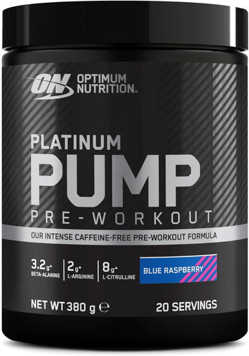 Optimum Nutrition On Platinum Pump Pre-Workout, Intense Caffeine-Free Pre-Workout Food Supplement With Fruitflow, Beta-Alanine, L-Arginine, L-Citrulline, Blue Raspberry Flavour, 20 Servings, 380 G