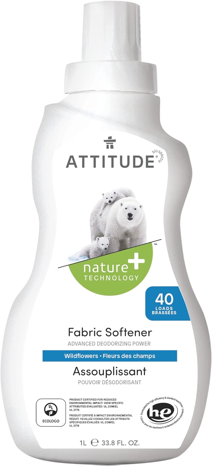 ATTITUDE Laundry Fabric Softener Liquid, Vegan and Naturally Derived Detergent, Plant Based, HE Washing Machine Compatible, Wildflowers, 40 Loads, 33.8 Fl Oz