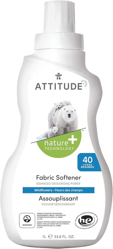 ATTITUDE Laundry Fabric Softener Liquid, Vegan and Naturally Derived Detergent, Plant Based, HE Washing Machine Compatible, Wildflowers, 40 Loads, 33.8 Fl Oz
