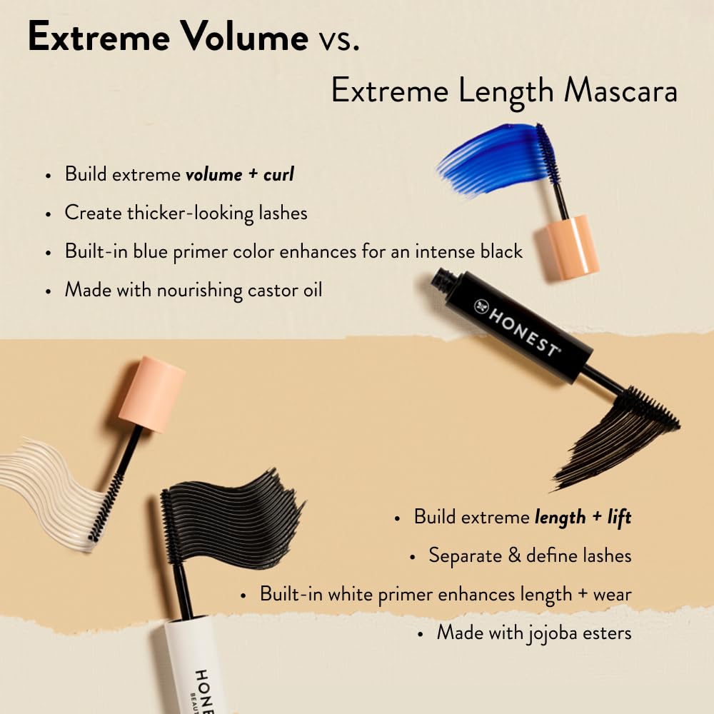 Honest Beauty 2-in-1 Extreme Volume Clean Mascara + Bold Lash Primer with Castor Oil | Maximum Volume + Curl | Vegan + Cruelty Free | Black, .27 fl oz : Beauty & Personal Care