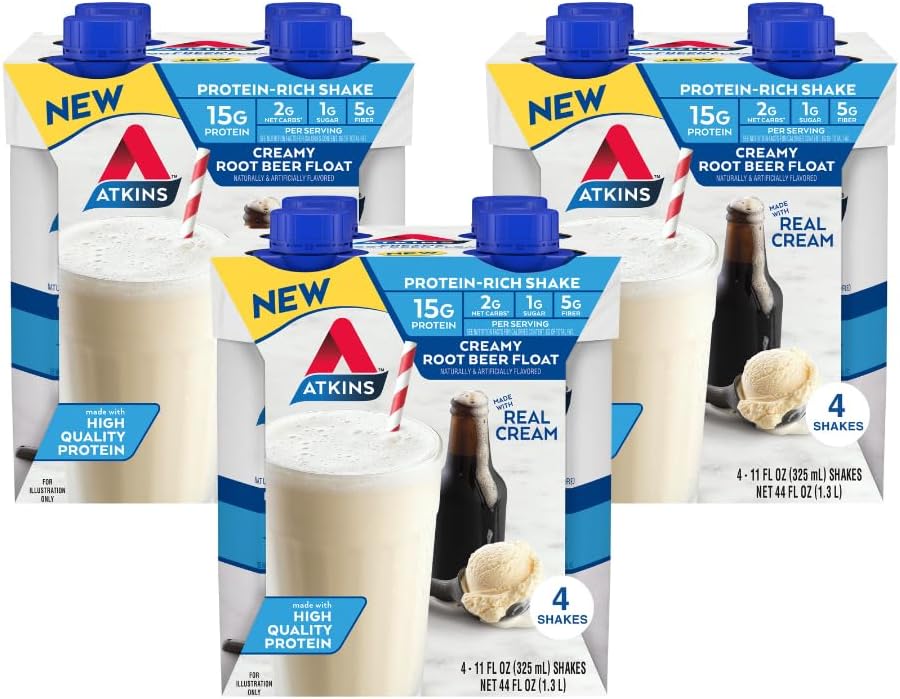 Atkins Protein Rich Shake, Creamy Root Beer Float, High Protein, Low Glycemic, Gluten Free Liquid, - keto, 12 Count (3 Packs each with 4 Shakes)