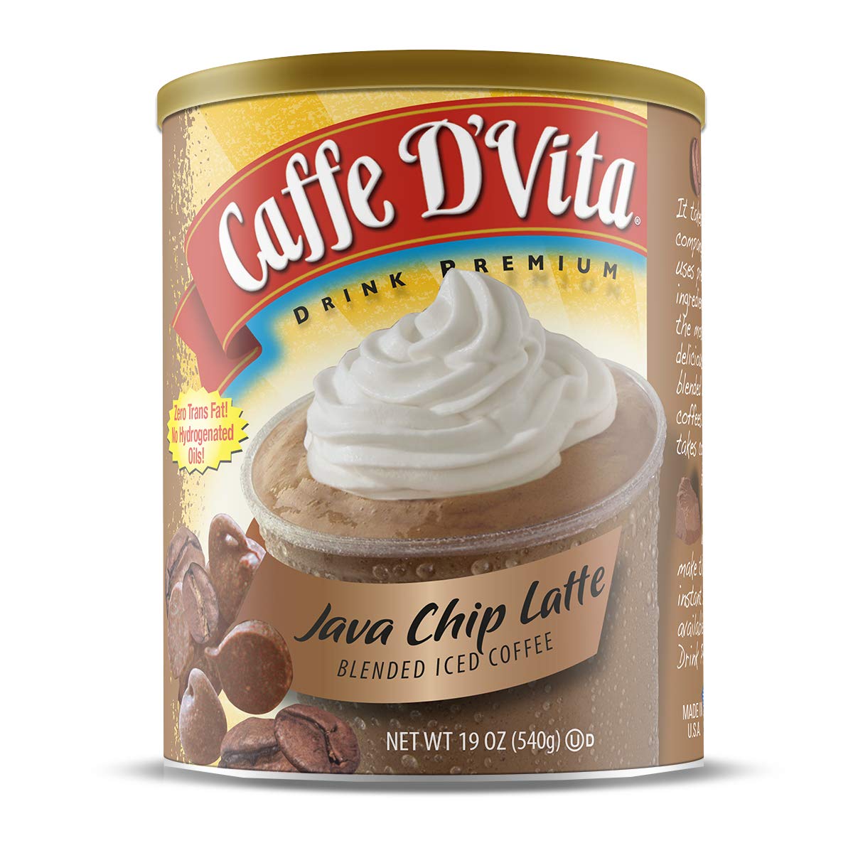 Caffe D’Vita Java Chip Latte Blended Ice Coffee - Java Chip Frappe Mix, Blended Iced Coffee Mix, Gluten Free, Low Fat, No Cholesterol, No Hydrogenated Oils, No Trans Fat, Kosher-Dairy - 19 Oz Can, 6-Pack