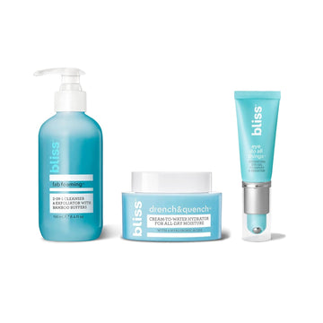 Bliss Skincare Essentials Skincare Kit - Eye Do All Things Hydrating Eye Gel, Drench & Quench Hyaluronic Acid Face Moisturizer & 2-In-1 Foaming Facial Cleanser And Exfoliator