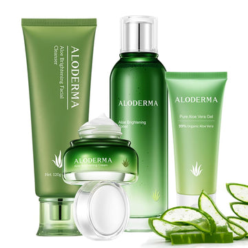 Aloderma Essential Aloe Brightening Skin Care Set - 4 Pieces - Gel, Cleanser, Toner, Cream